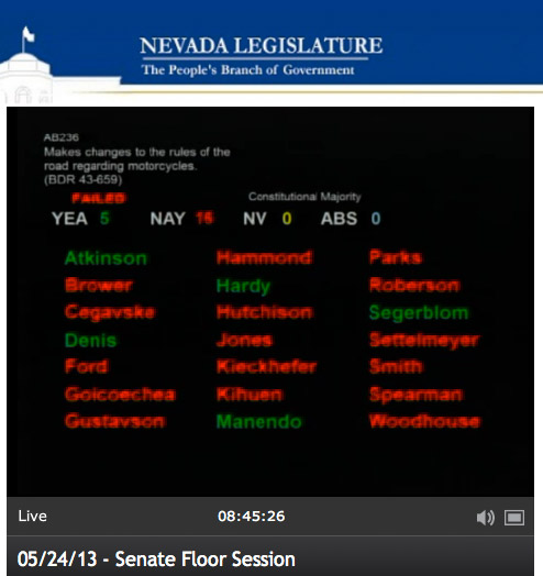 Nevada Lane Splitting Bill AB236 Defeated